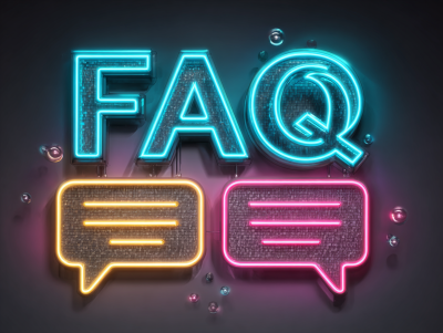 Friendly help desk illustration with chat bubbles and neon accents; teal and magenta glow; clean vector; no text. --ar 4:3