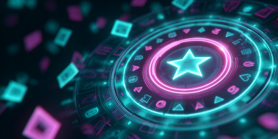 Futuristic neon UI tiles orbiting a start symbol; teal and magenta glow; friendly; no text. --ar 4:3
